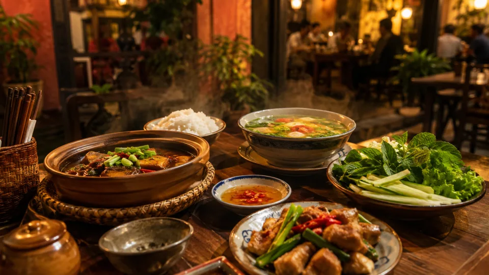Phần cơm trưa gọn gàng, đủ món mặn canh rau — khách ăn trưa